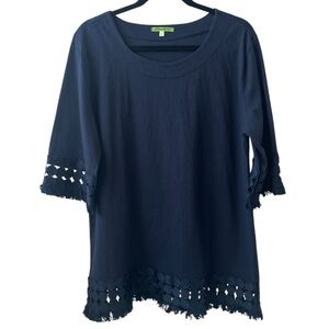 Trisha Tyler Navy Boat Neck Circle Lace Trim Cotton Blouse- Size XL